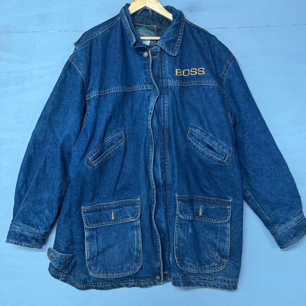 Vintage Boss Denim Barn Jacket Mens XL Blue Cotton Chore Coat Workwear Logo 90s - Picture 2 of 5